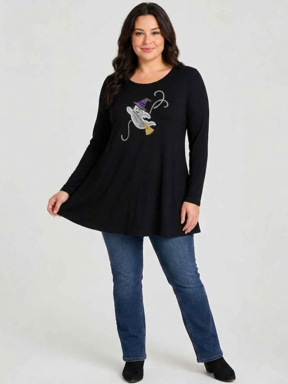 Witchy Ghost Halloween Tee 2X Black Sequin Embroidered Plus Size Spooky Cute